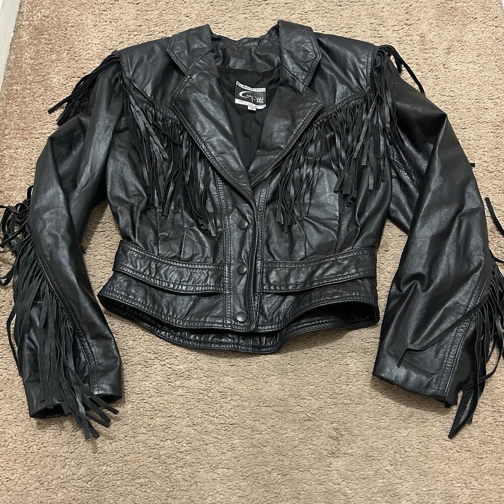 G-III Women’s Black Fringe Western Jacket Button Front Lined Regular Size M